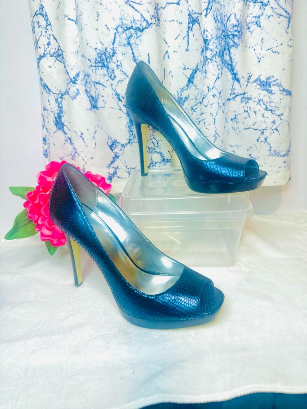 Calvin Klein Boss Babe Navy Blue Snake-Embossed Peep-Toe Pumps with 4.5” heel